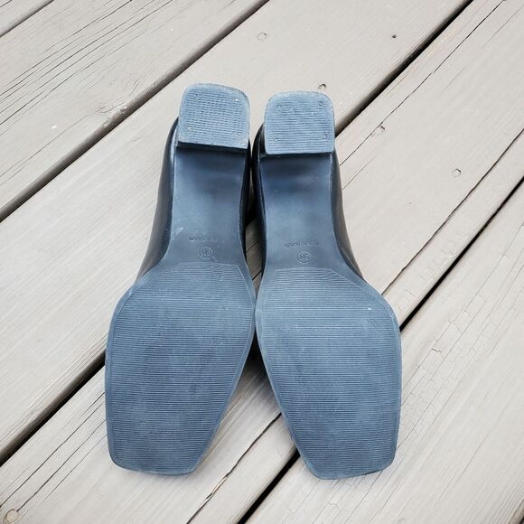 Vintage 90s y2k Black Leather Square Toe Chunky Heel Slinky Heeled Loafers 9 - Picture 7 of 9